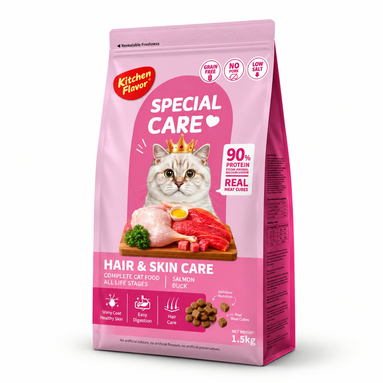 Kitchen Flavor Grain Free Special Care Hair & Skin Care Complete Cat Food All Life Stages Salmon & Duck - 1.5kg